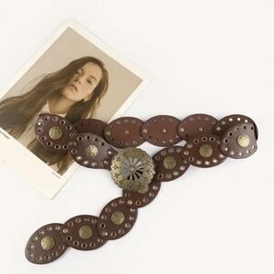 Brown Belt Western Style Studded Medallion Retro Style Buckle Boho Belts